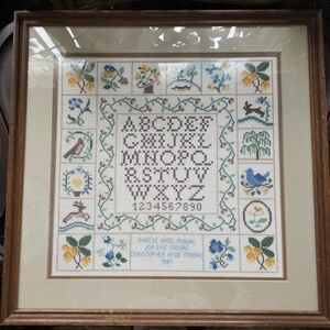 Vintage Framed Needlepoint Cross-Stitch Wall Art